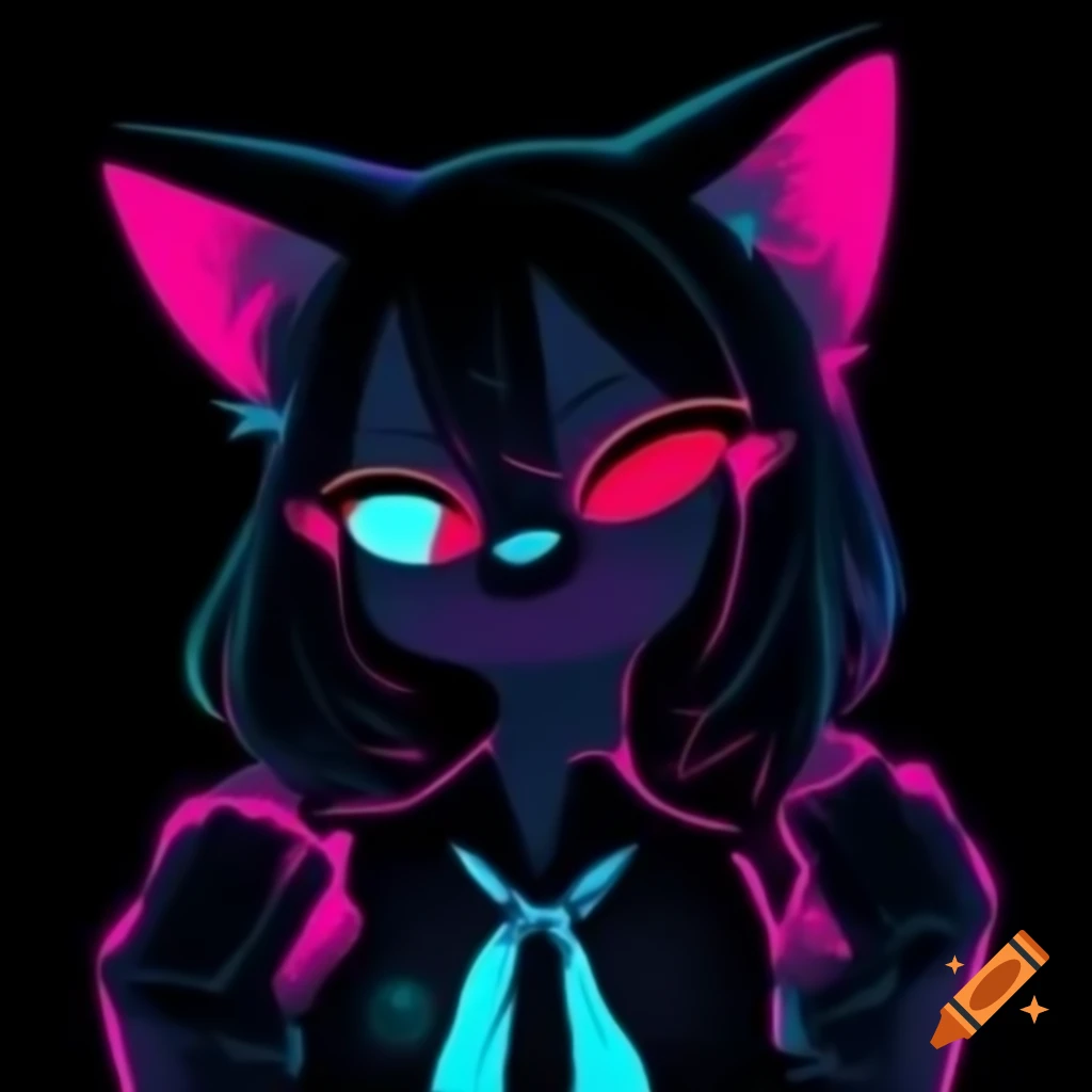 Anthropomorphic fox girl in dynamic pose with neon 'x' pupils, cartoon anime style