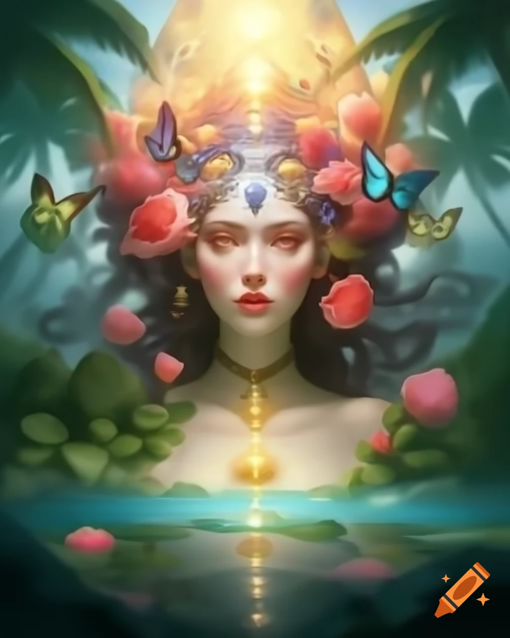 Mystical woman with surreal jeweled wig and freckled face in ancient tales