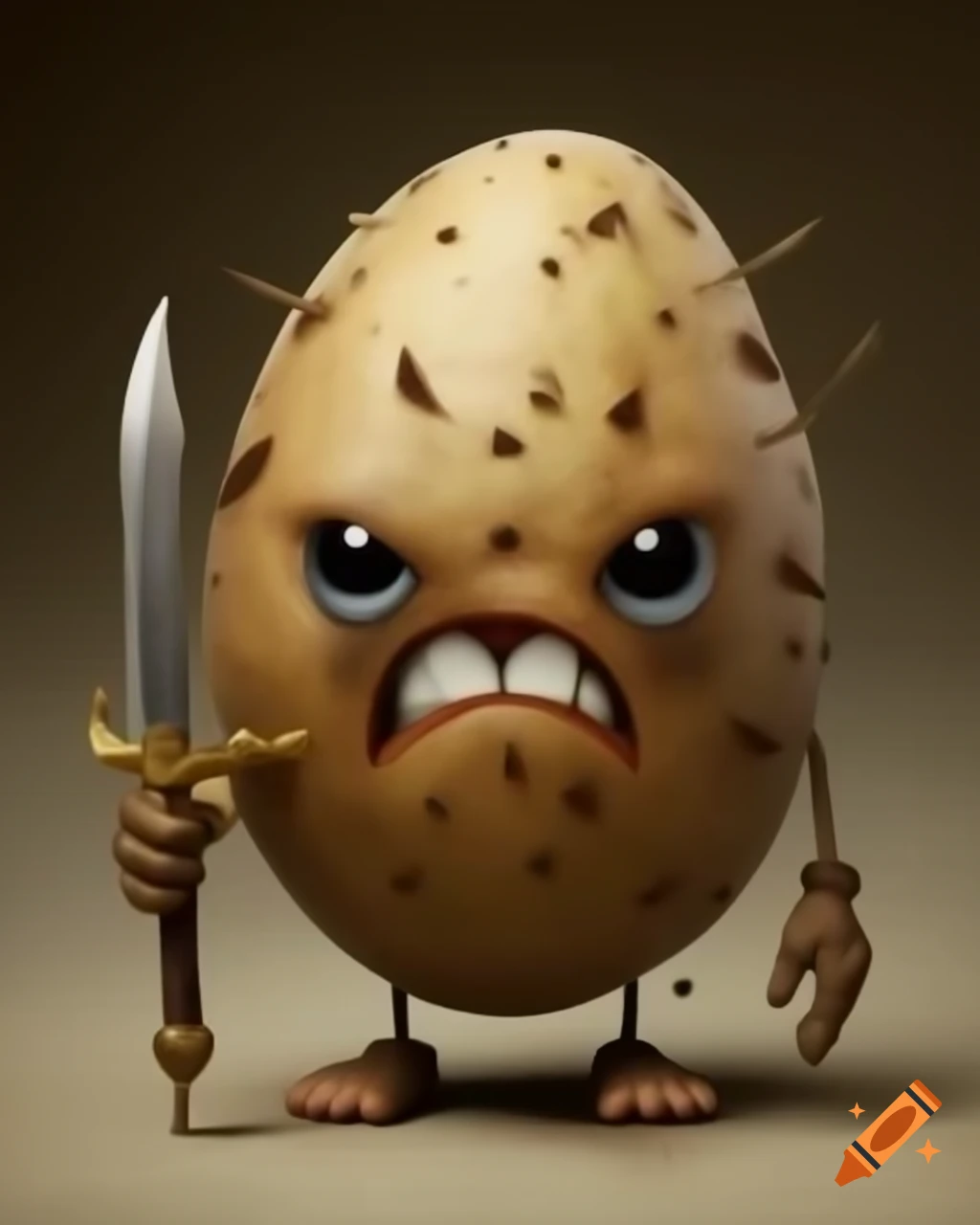 Hyper-realistic warrior potato with sword and angry expression