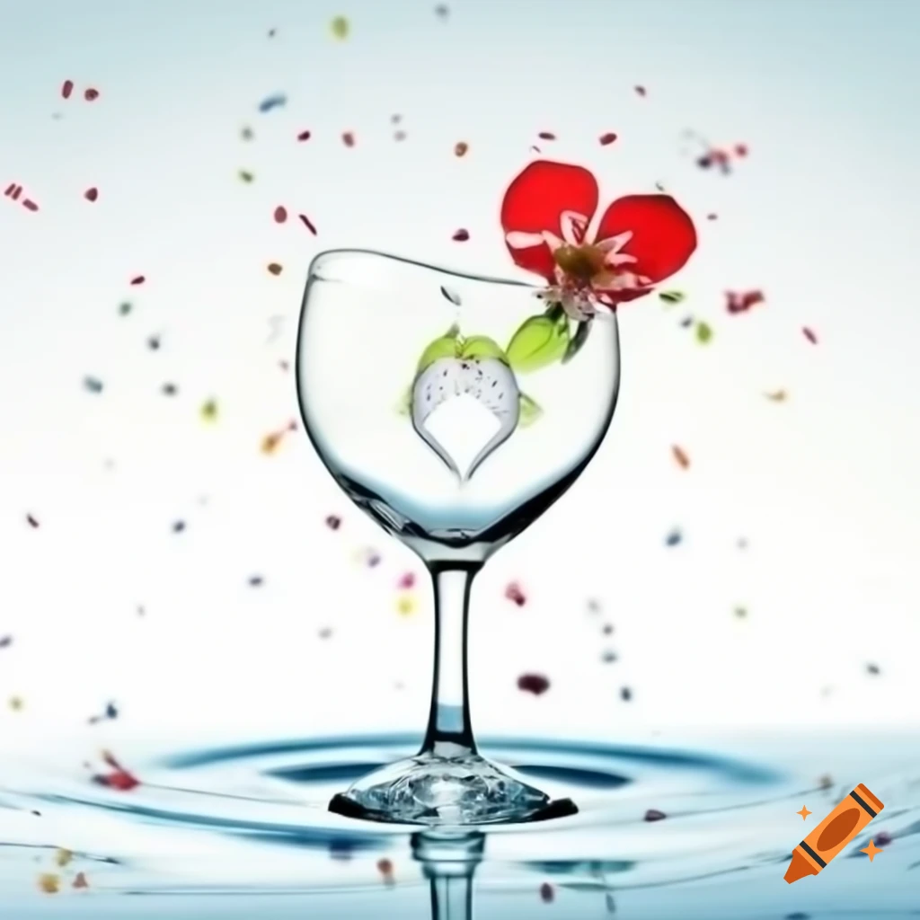 Champagne glass with heart and flower, adorned with water drops and confetti
