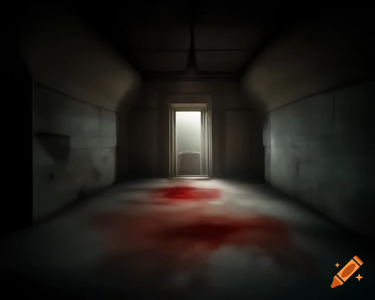 Dimly lit underground room in ancient mansion with cracked stone walls and dark red stains