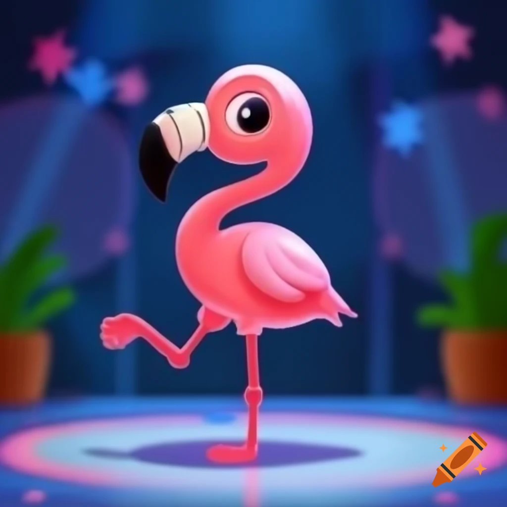 Cartoon flamingo dancing in a vibrant club setting