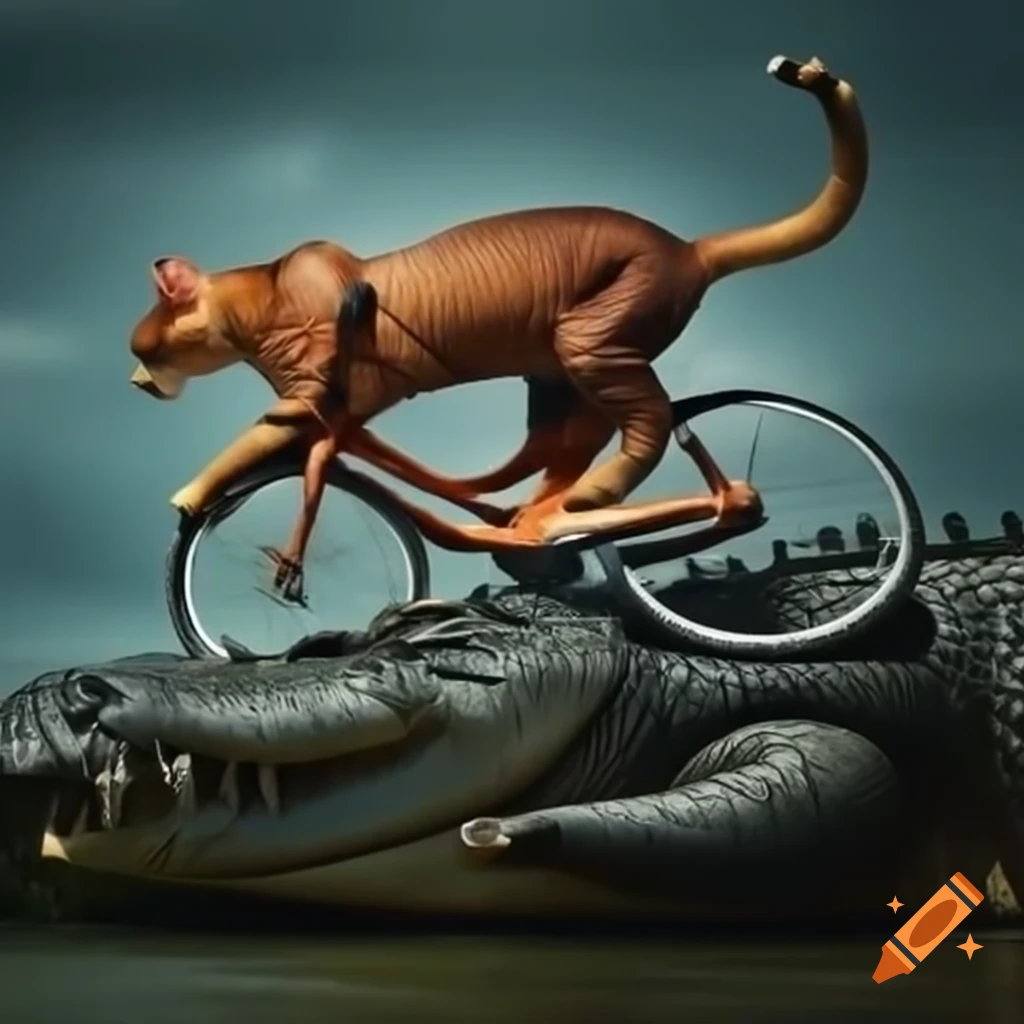 Muscular cat riding bicycle on alligator