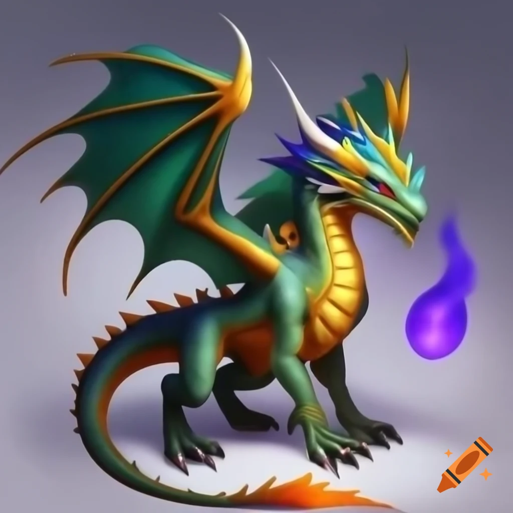 Colorful dragon with blue and yellow wings and fire breathing