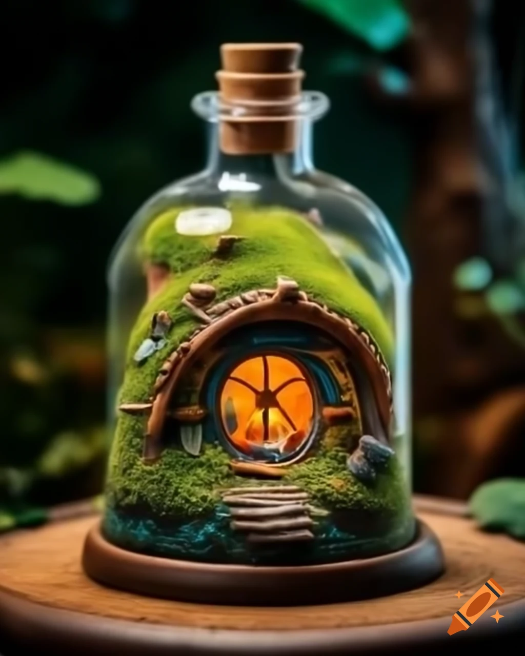 Cozy miniature hobbit house inside glass bottle on table