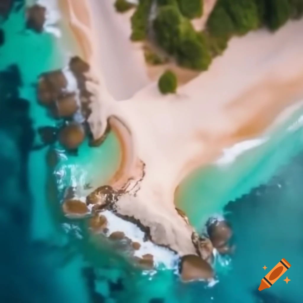 Aerial view of a beach showcasing sandy shores and waves