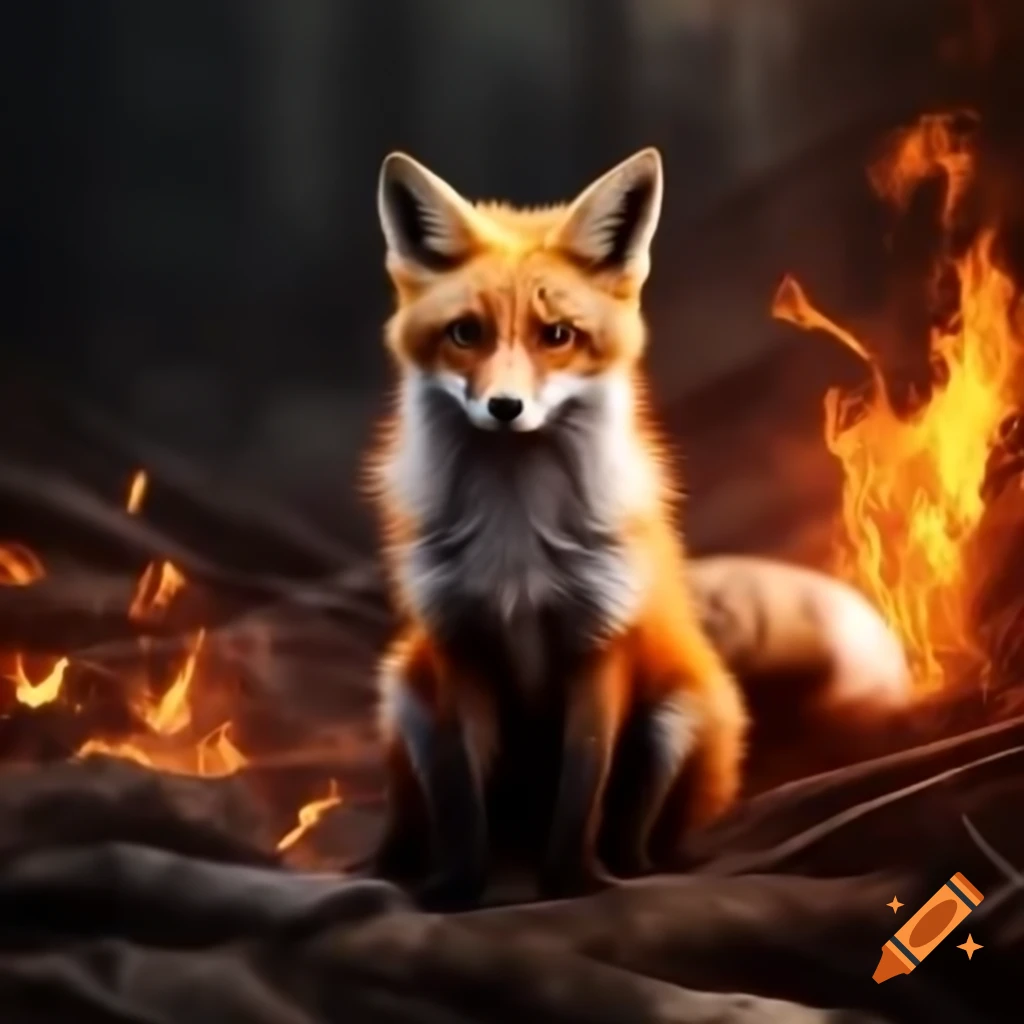 Fox in a dramatic scene surrounded by fire