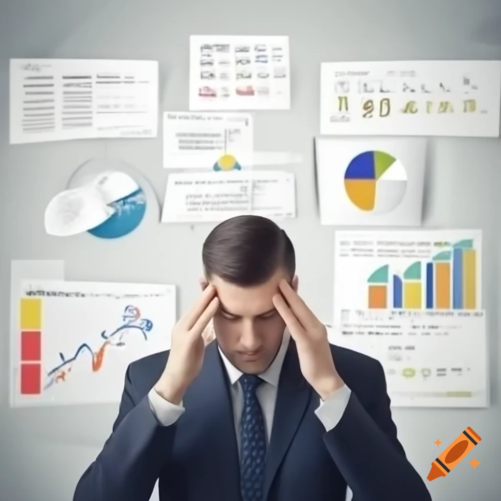 Salesman confused by statistical graphics like histograms and pie charts on white background