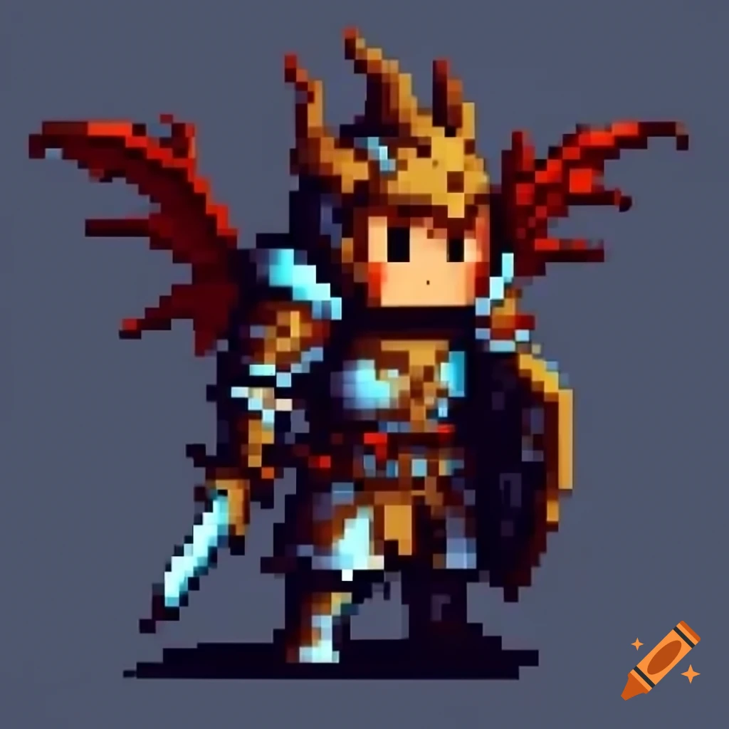 Pixelated knight with dragon wings holding enchanted sword and shield