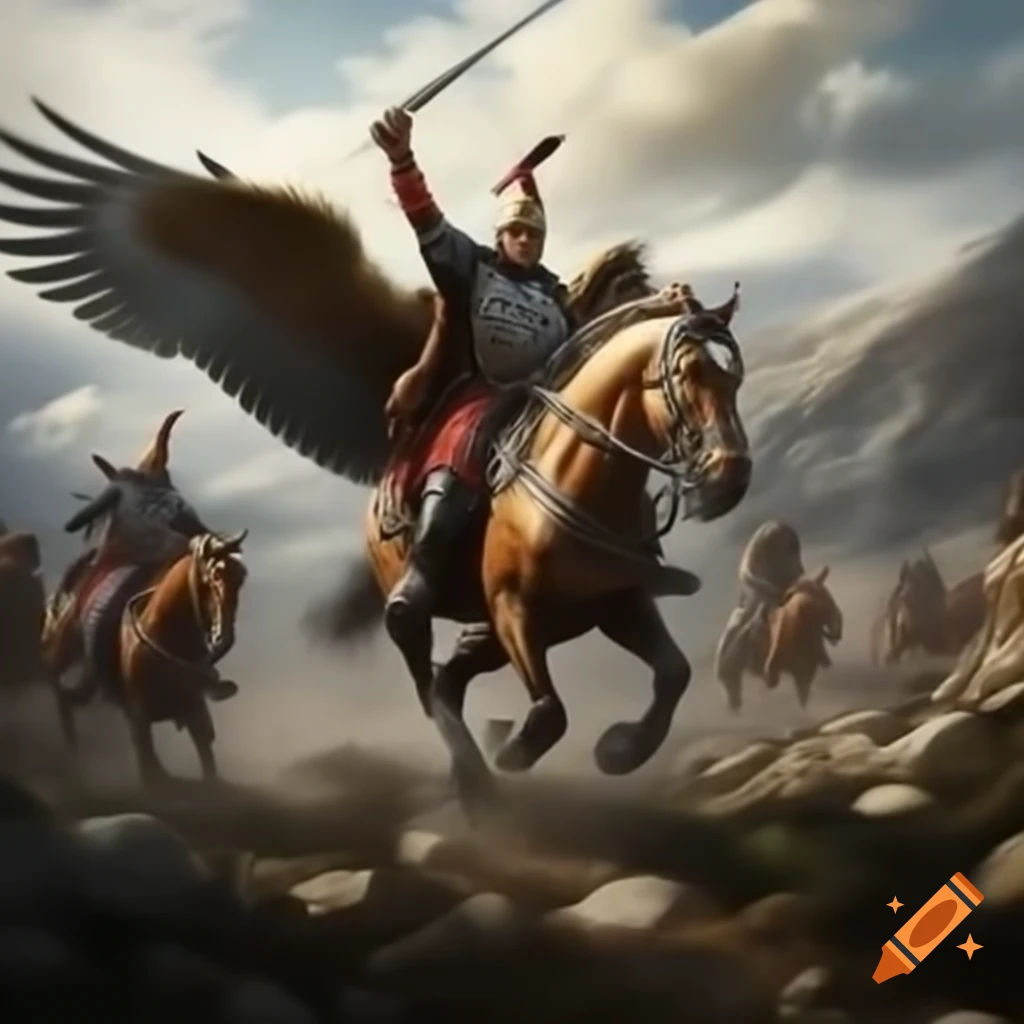 Winged hussars charging down mountainside towards Ottoman army
