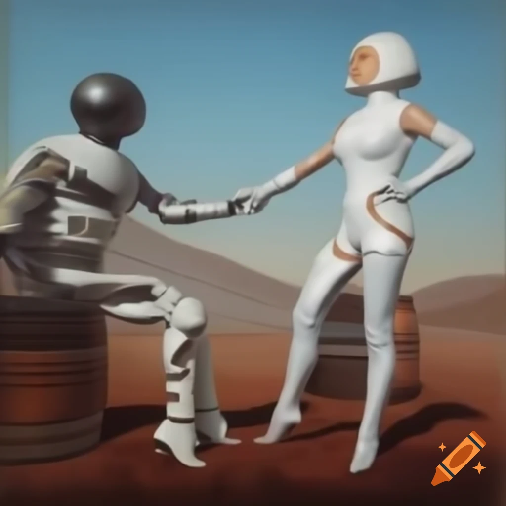 Surreal mezzotint of cyborg monster and lady in futuristic armor at dystopian landscape