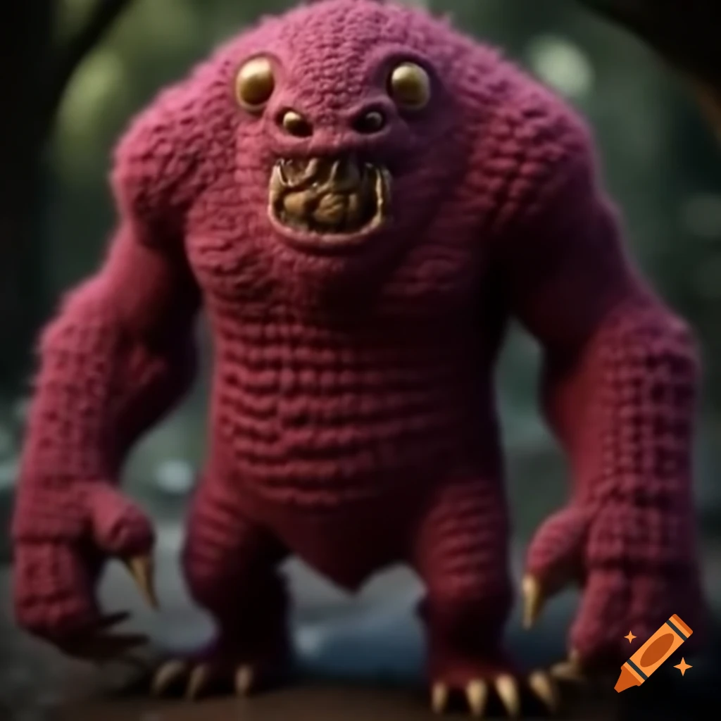 Full body view of a knitted maroon monster wolf