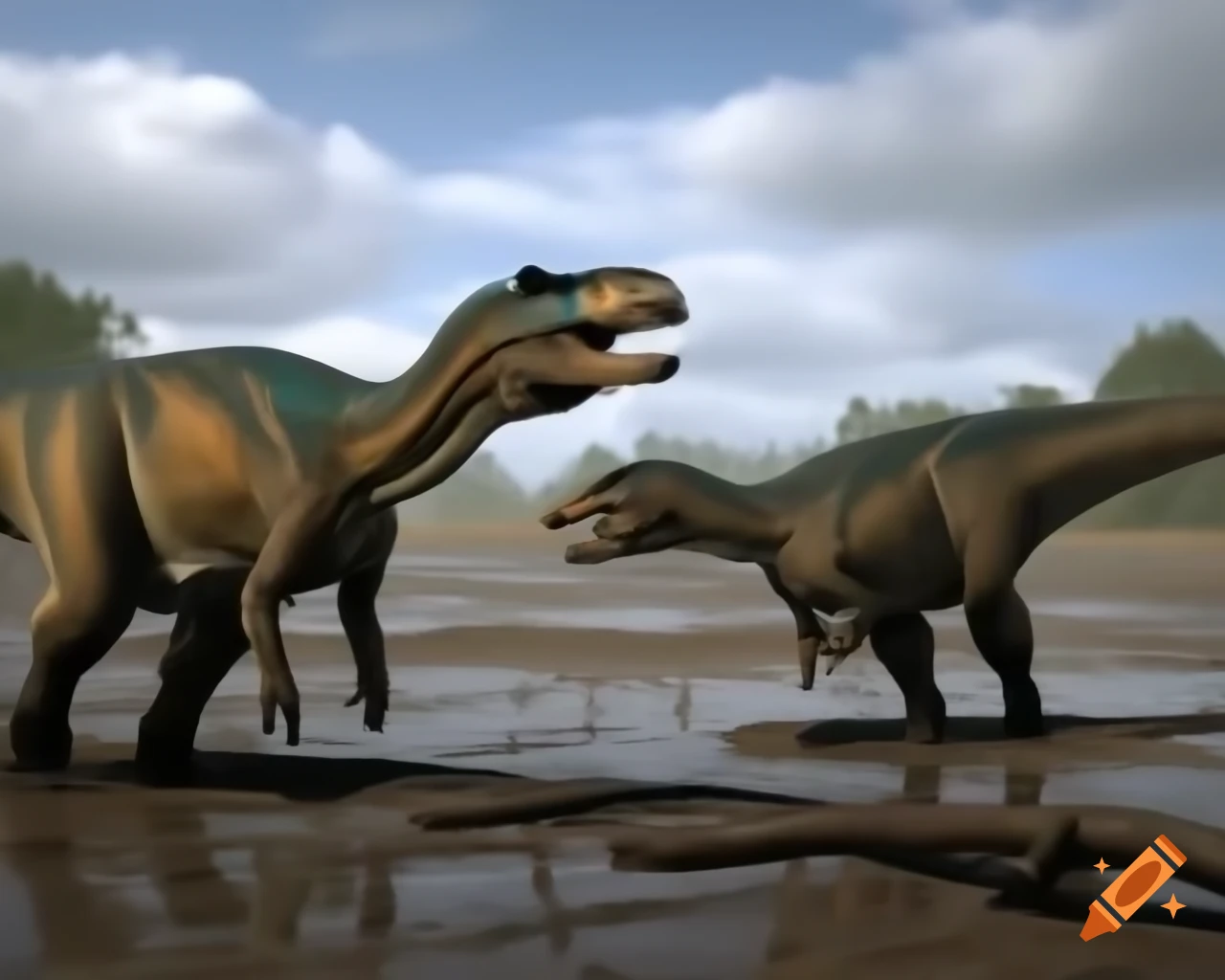 Three cinnamon-colored Hadrosaurus dinosaurs in muddy flat with driftwood
