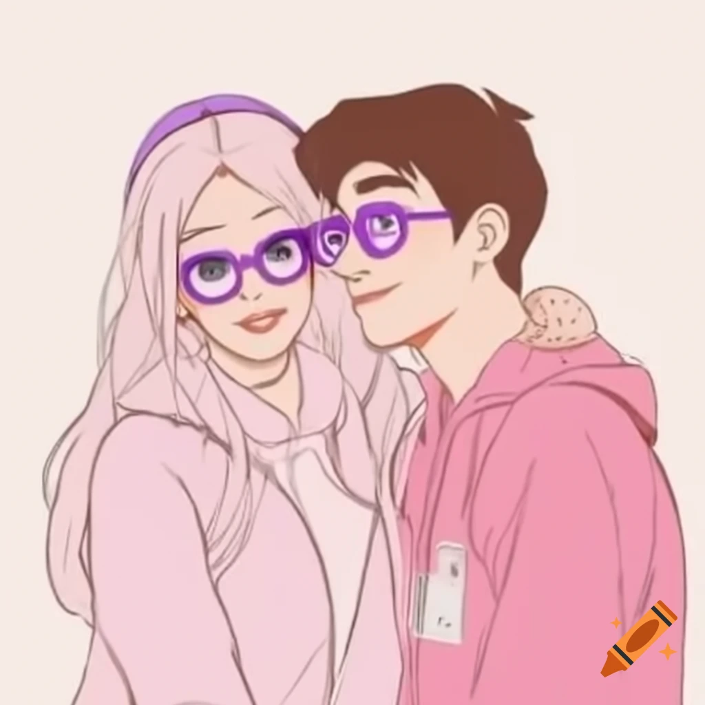 Young woman with purple glasses in hooded jacket hugging man in pink polo shirt