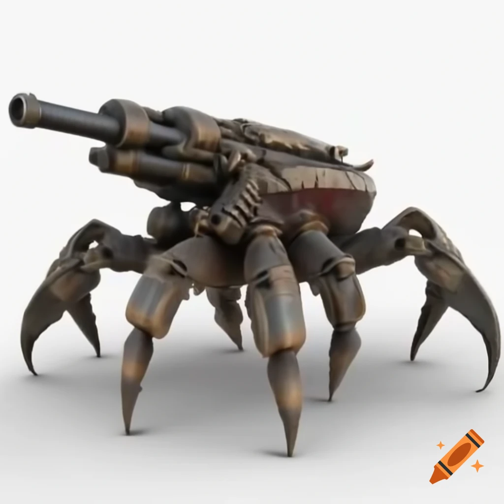 Biomechanical hermit crab cannon in H.R. Giger style against white background