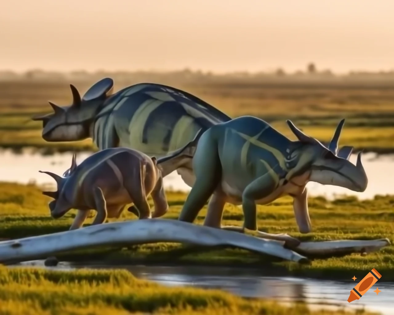 Three Styracosaurus in cinnamon and grey stripes walking through puddly marshland at golden hour