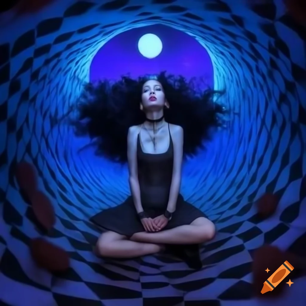 Goth woman with pale skin and black hair in front of blue and purple checkered spiral void