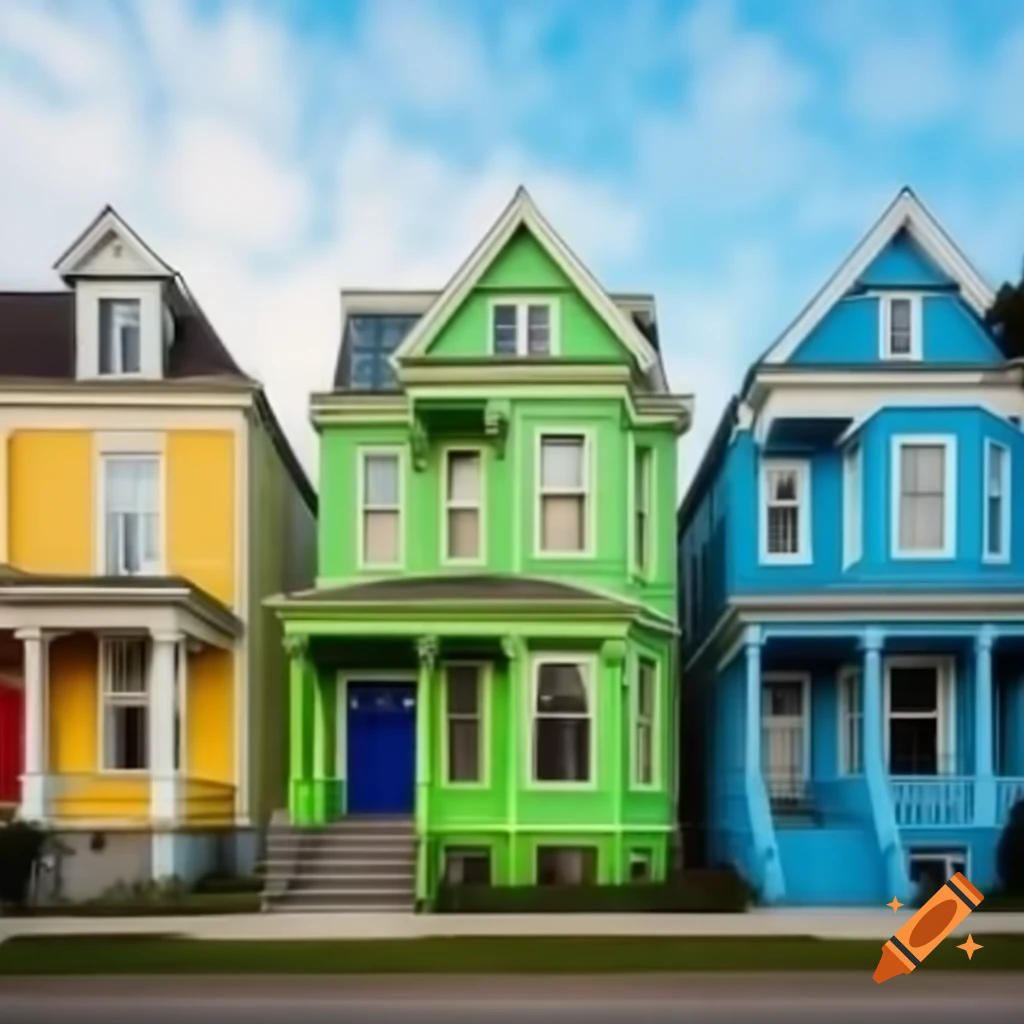 Colorful houses in yellow, green, red, turquoise, and blue