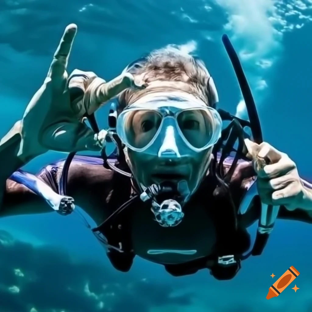 Close-up of old man in diving suit underwater in diving pose