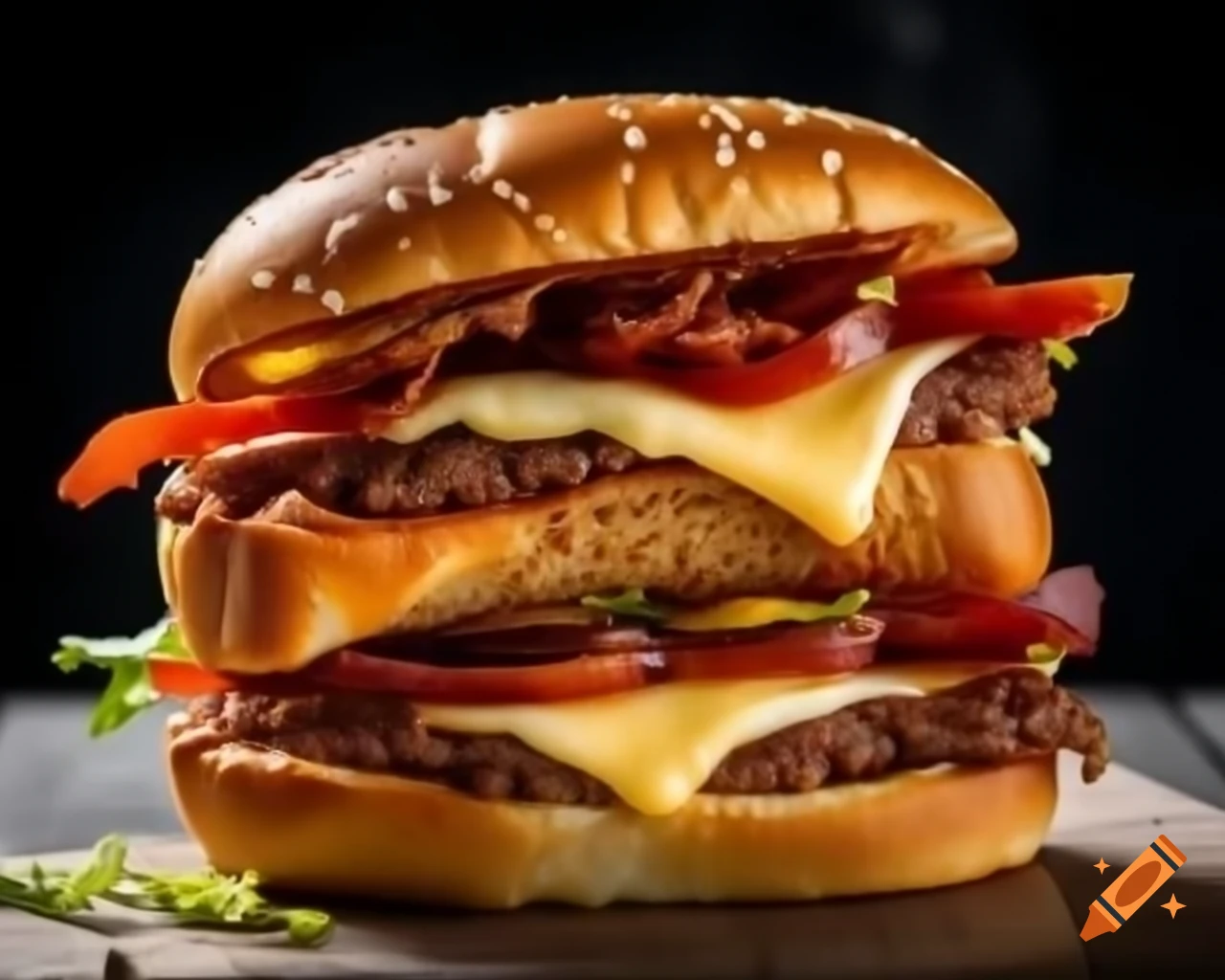 Close-up of a perfect sandwich with melted cheese, bacon, meat, lettuce, and tomato