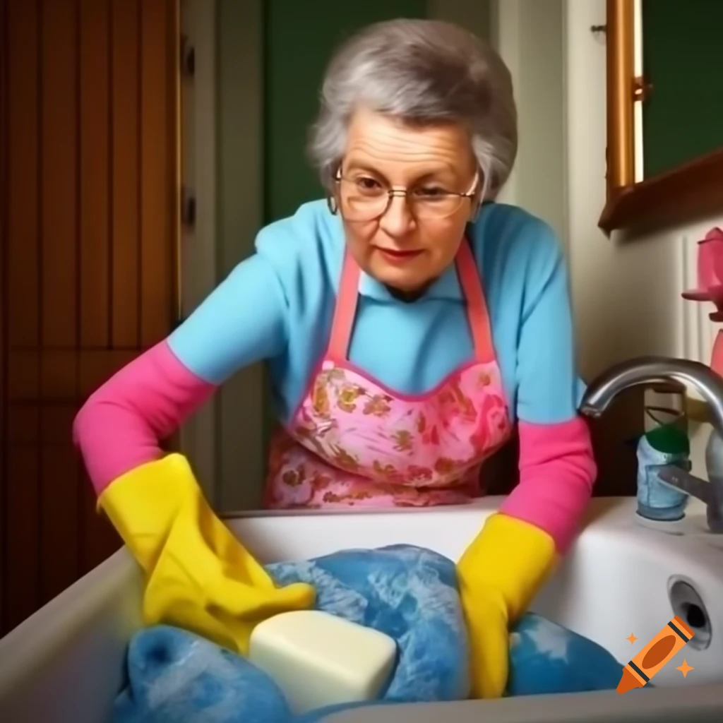 Mother in floral apron and yellow gloves washing laundry at sink
