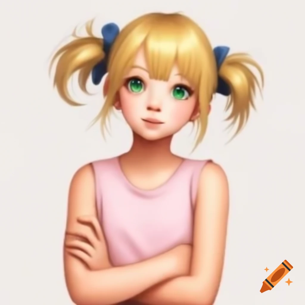 Anime girl with blonde hair and blue-green eyes wearing a pink sleeveless shirt