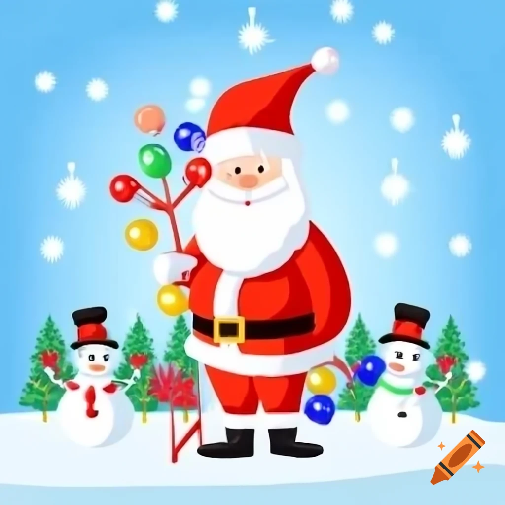 Santa Claus with reindeer and snowmen in colorful Christmas landscape
