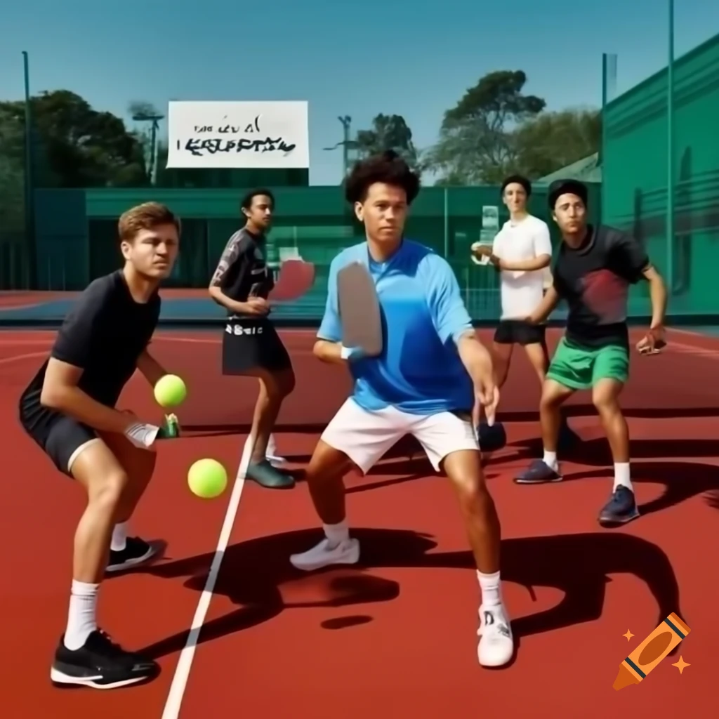 Diverse group of men in athletic wear on pickleball court with league banner