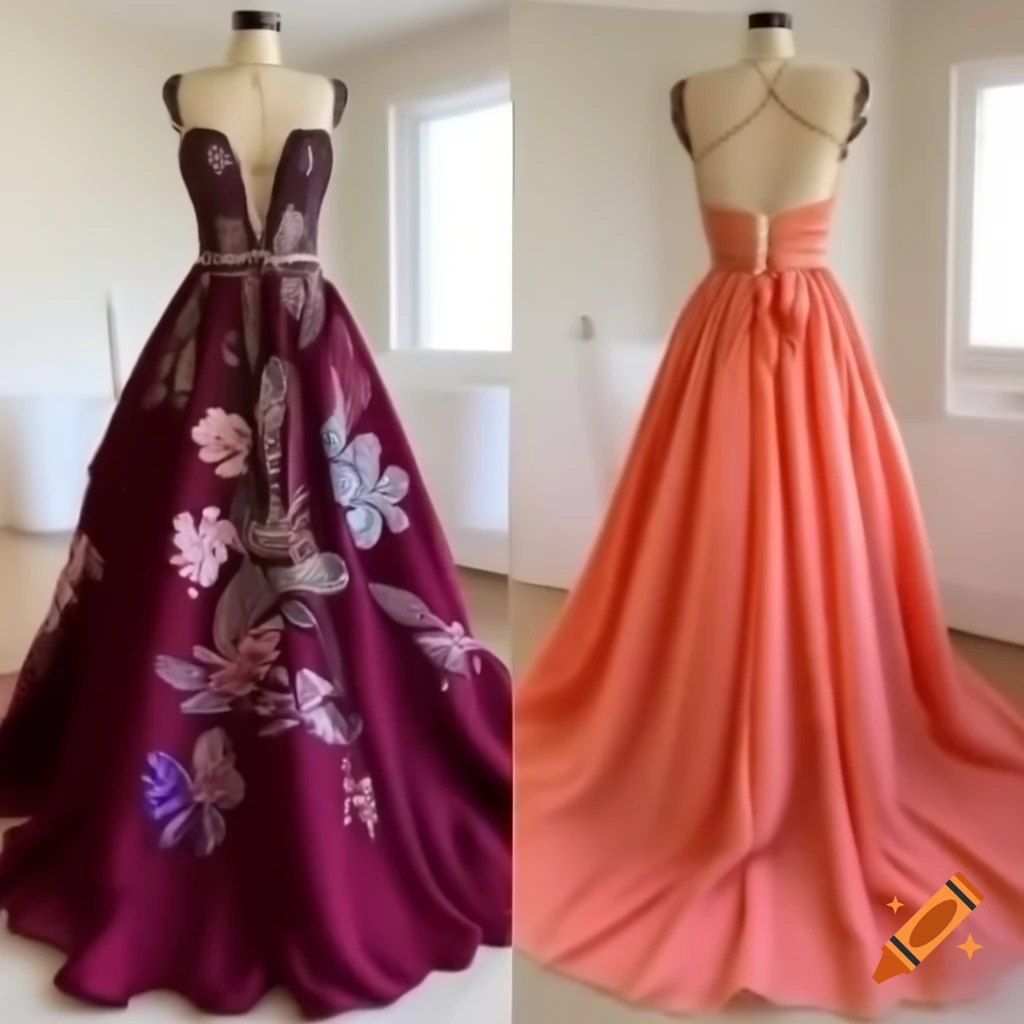 Haute couture dress with intricate patterns and embroidered details in azure, berry, and coral