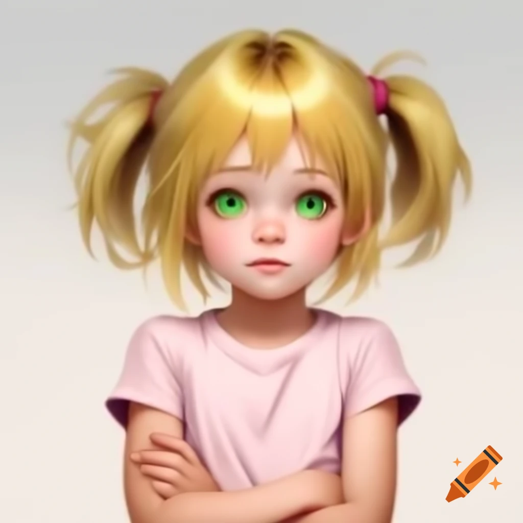 Anime girl with blonde hair and green eyes, wearing pink sleeveless shirt, arms crossed