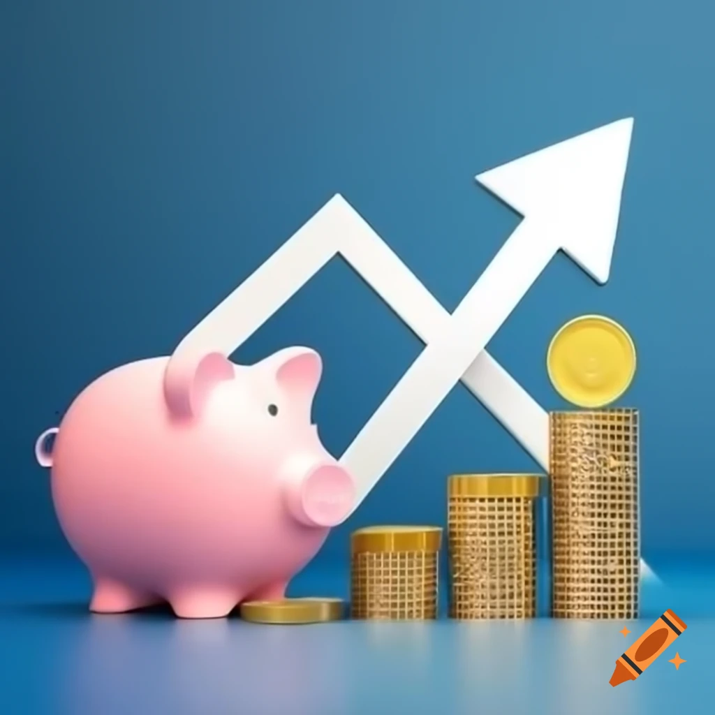 Piggy bank with coins and investment graphs