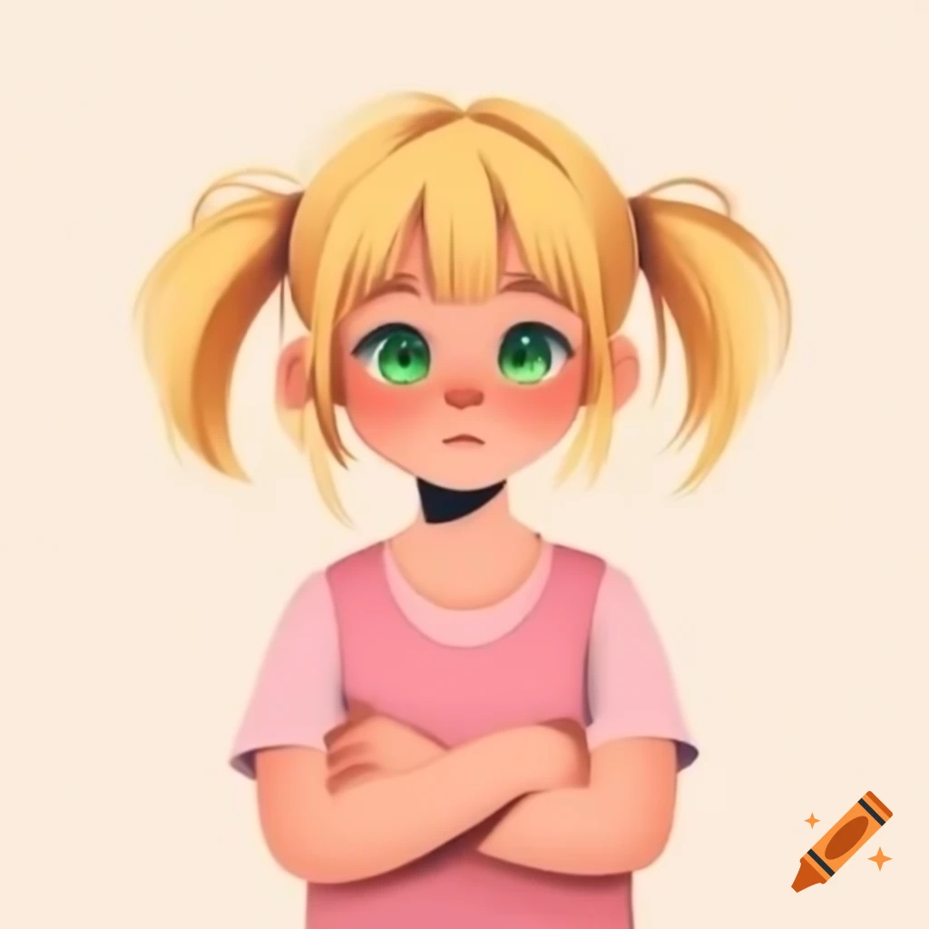 Anime girl with blonde hair and blue-green eyes wearing a pink sleeveless shirt