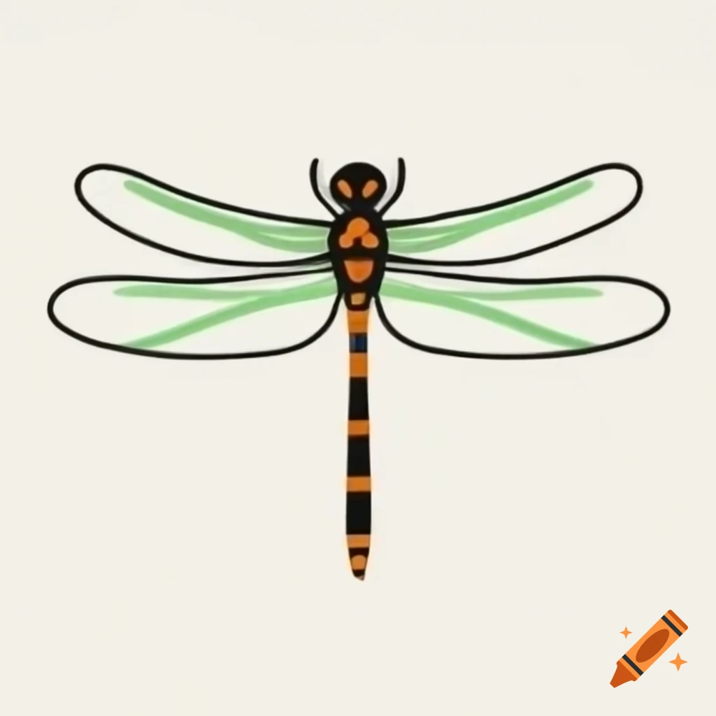 Minimalist black line drawing of a dragonfly with orange and green accents on white background
