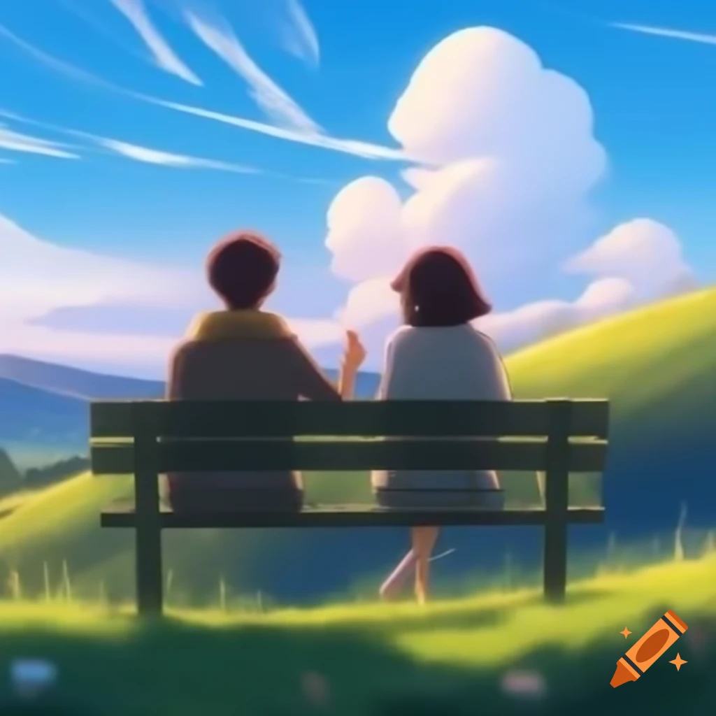 Two friends sitting on a bench on a hill, smoking a cigarette