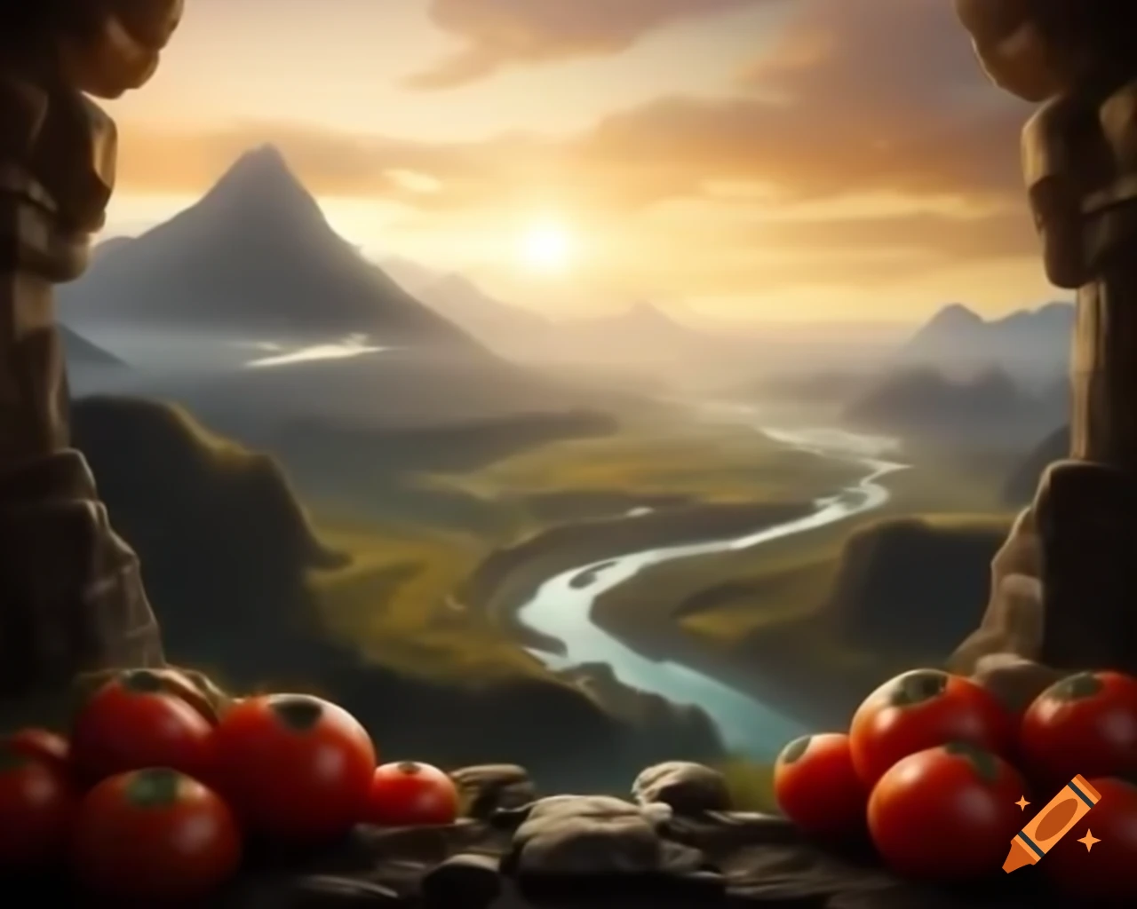 Legend of valley surrounded by ripe tomatoes, guarded by mountains
