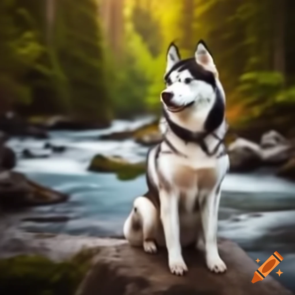 Husky dog in forest near river