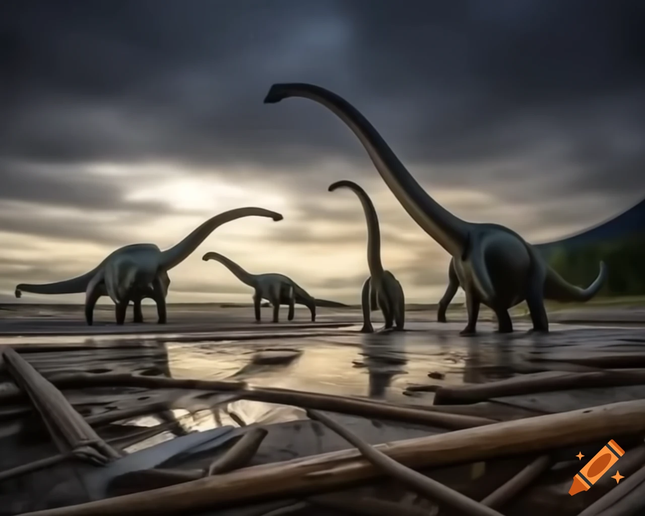 Diplodocus walking along a coastal puddle at golden hour with storm clouds