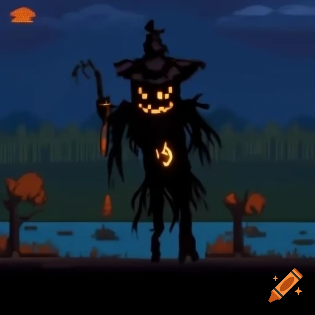 Pixel art depicting Halloween scene with scarecrow, jack's lamp, and gunslinger in a dark landscape
