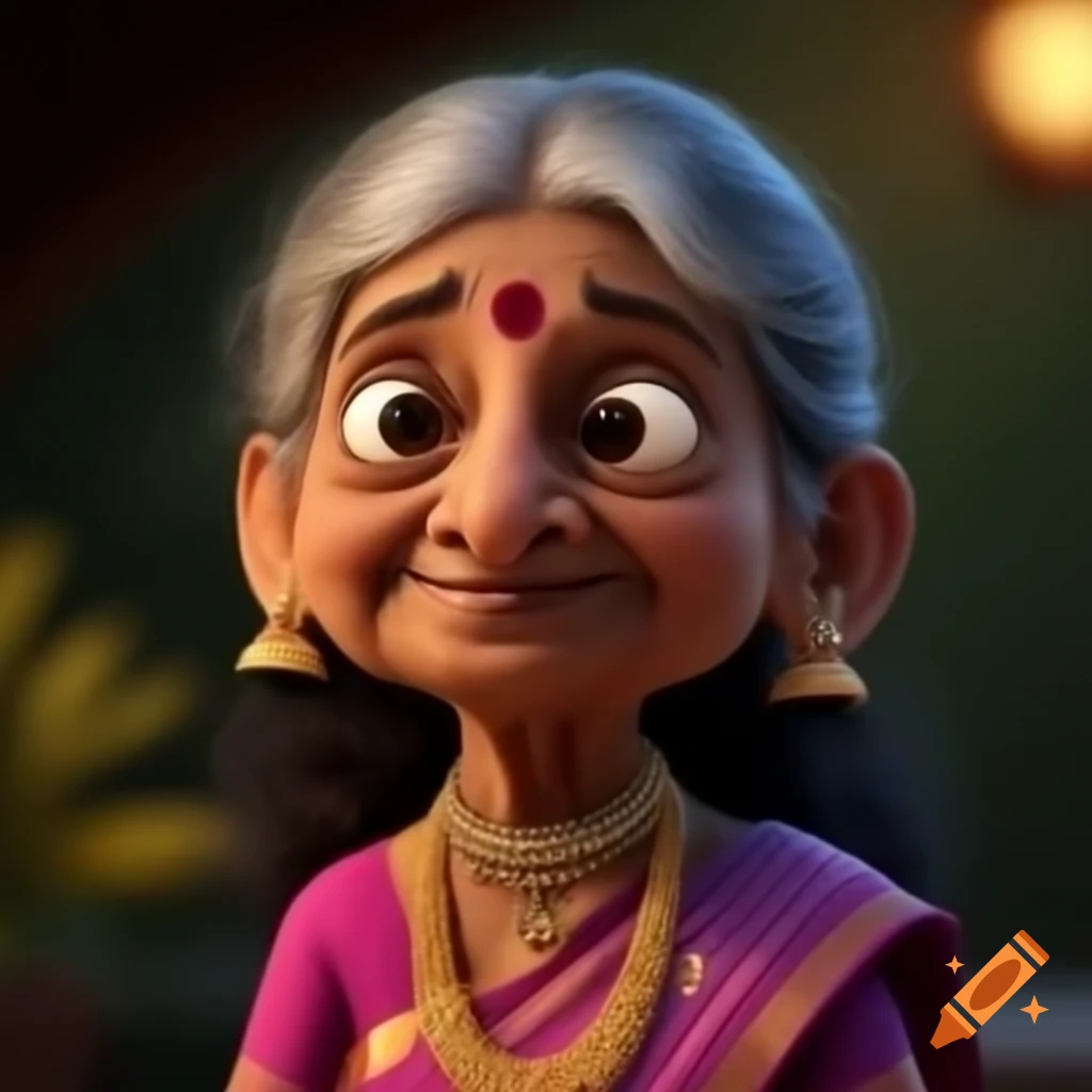 Stylish animated Indian grandmother character with cheerful expression and South Indian jewelry on Craiyon