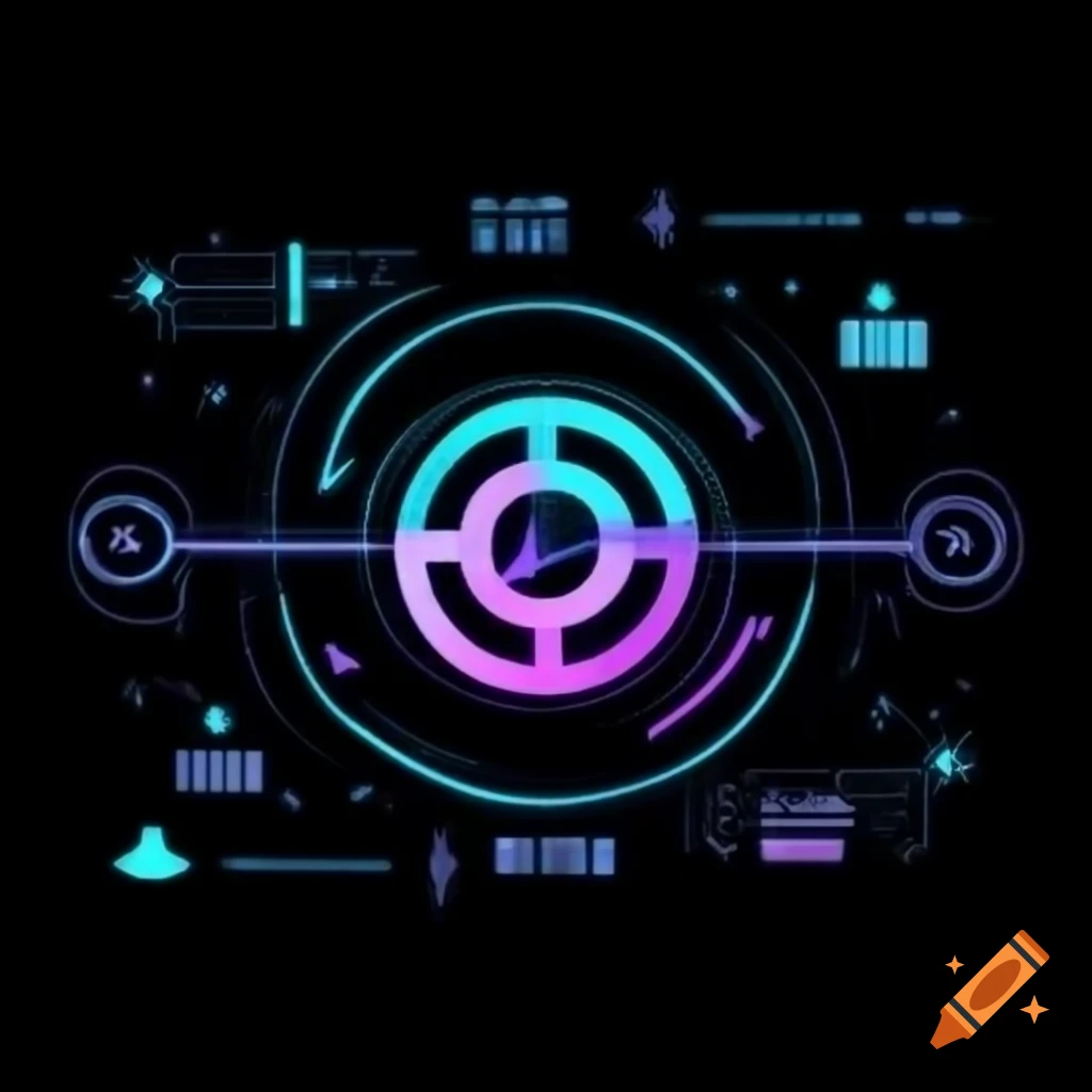Futuristic circular AI logo with glowing core and holographic data