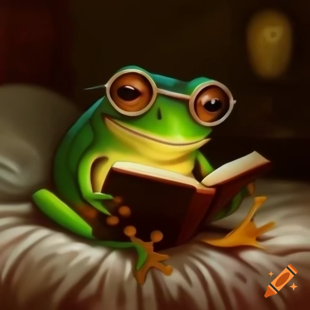 Frog wearing glasses reading a book in bed, painted illustration