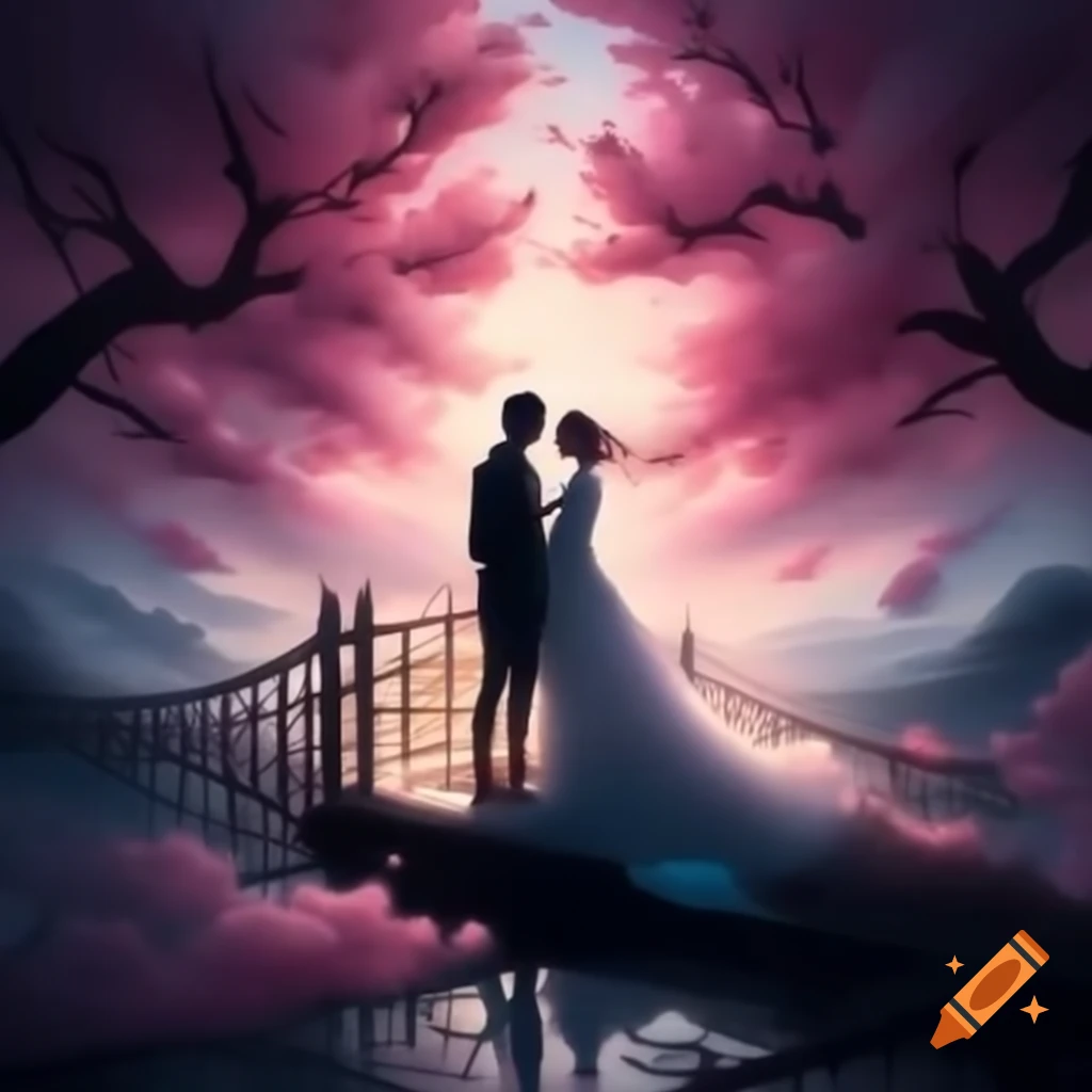 Couple walking under cherry blossom tree in atmospheric gray and aquamarine painting
