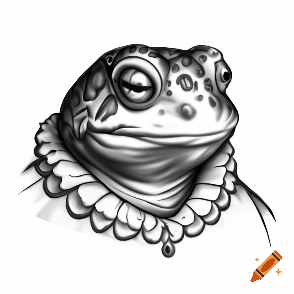 Cartoony frog in ruff collar styled as a renaissance royal portrait