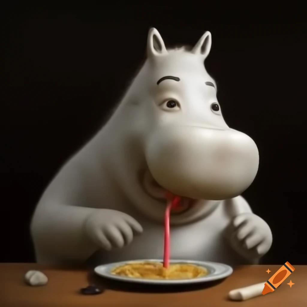Realistic Moomin enjoying a lollipop with mouth open