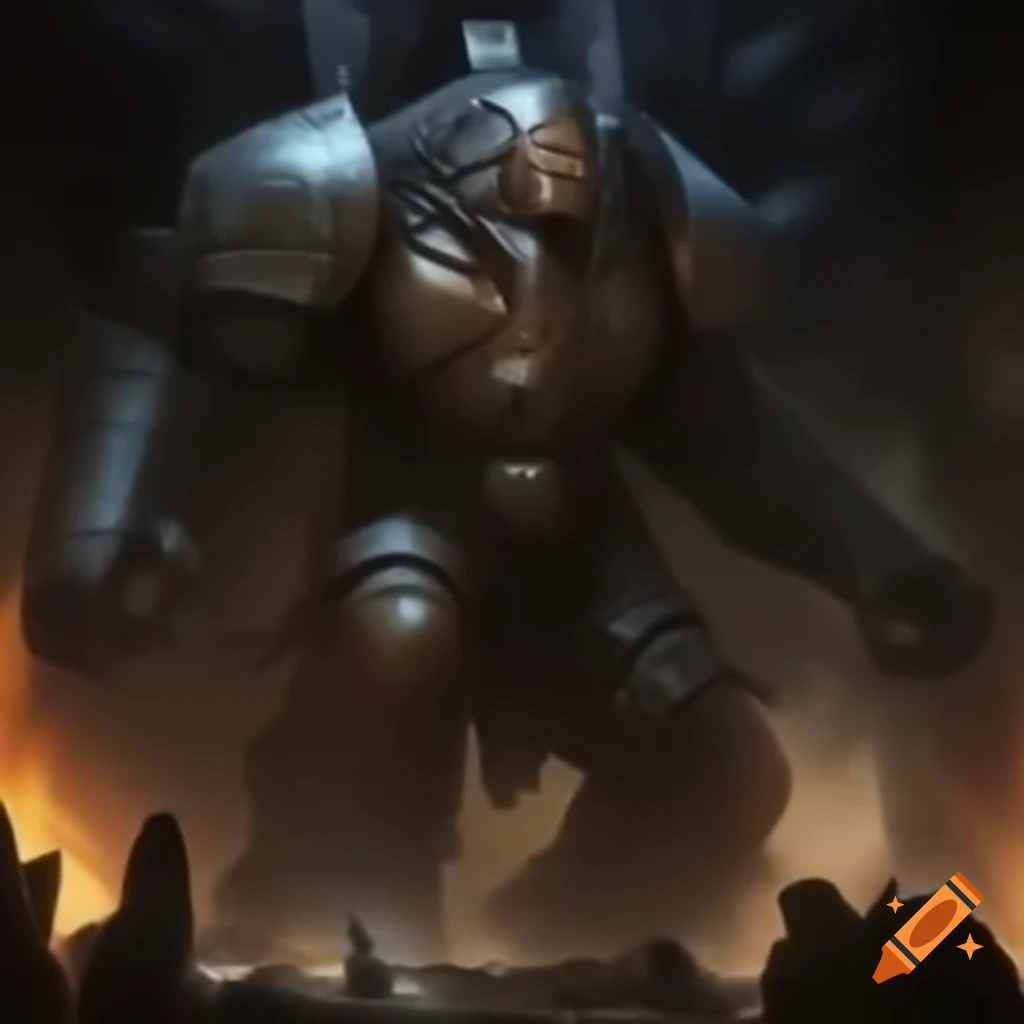 Action scene with a powerful figure defeating a commander in a fantasy setting