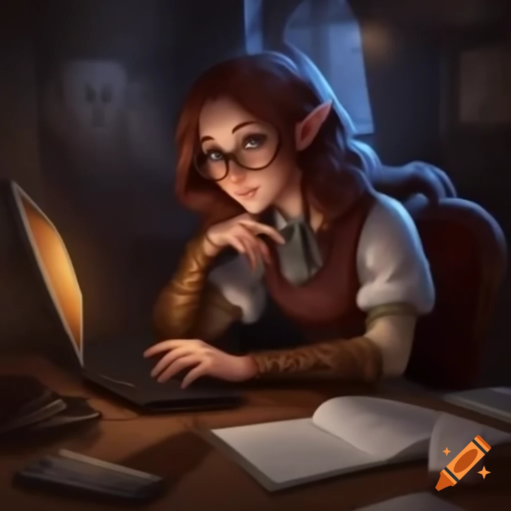 Woman working on computer in a fantasy setting