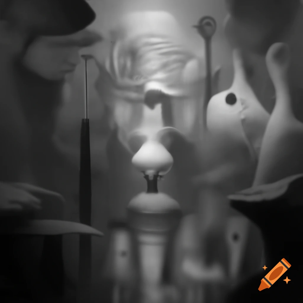 Surrealist monochrome artwork featuring abstract elements