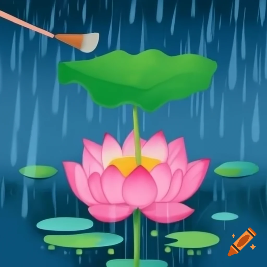 Lotus leaf protecting pink lotus flower in heavy rain on craiyon