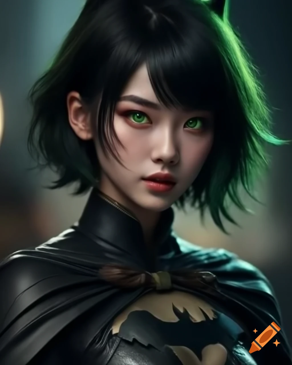 Chinese woman with green eyes and short hair in realistic Batman costume