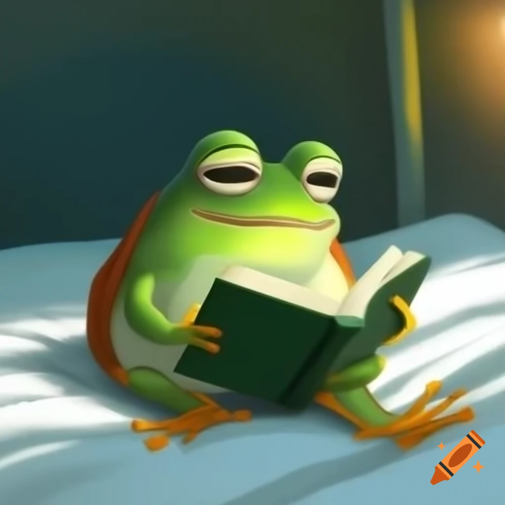 Frog reading a book in bed wearing glasses
